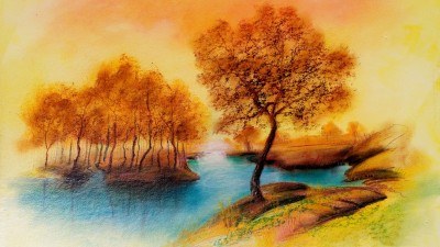 دریاچه-درخت-زرد-هنری و نقاشی-نقاشی